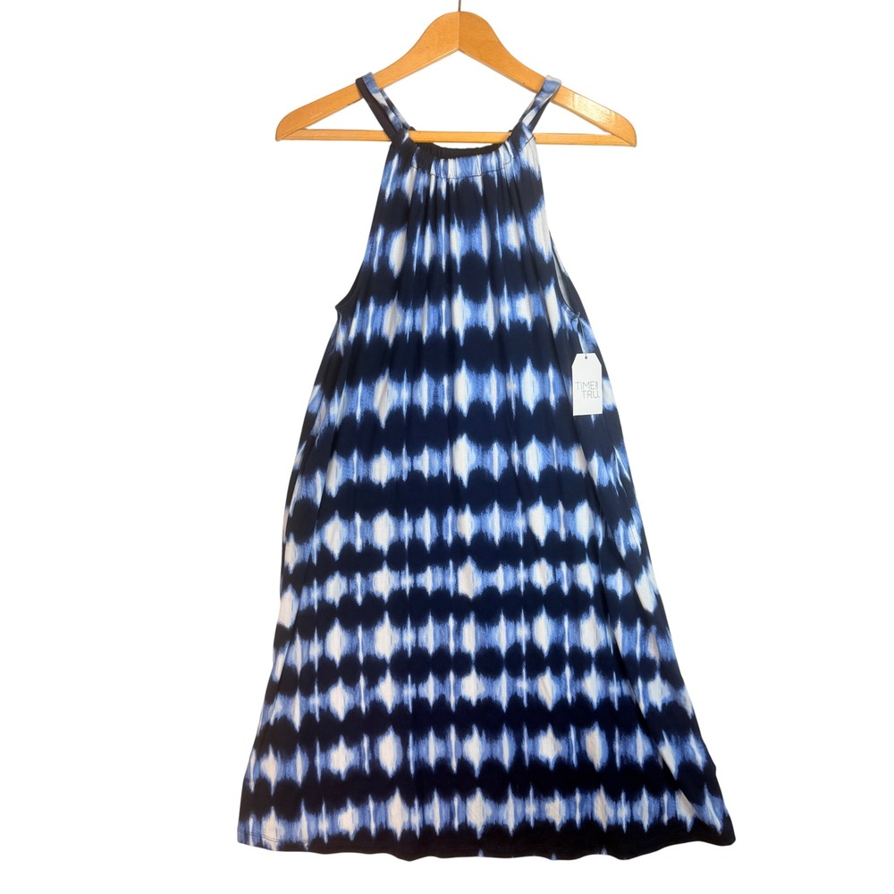 Time and Tru Navy Blue Tie Dye Halter Mini Dress with Pockets Small 4-6 NWT‎